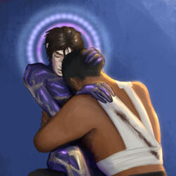 Digital painting of Jayce and Viktor from Arcane embracing