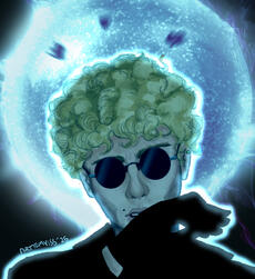 Digital Painting of an OC who has radioactive powers in front of a blue sun